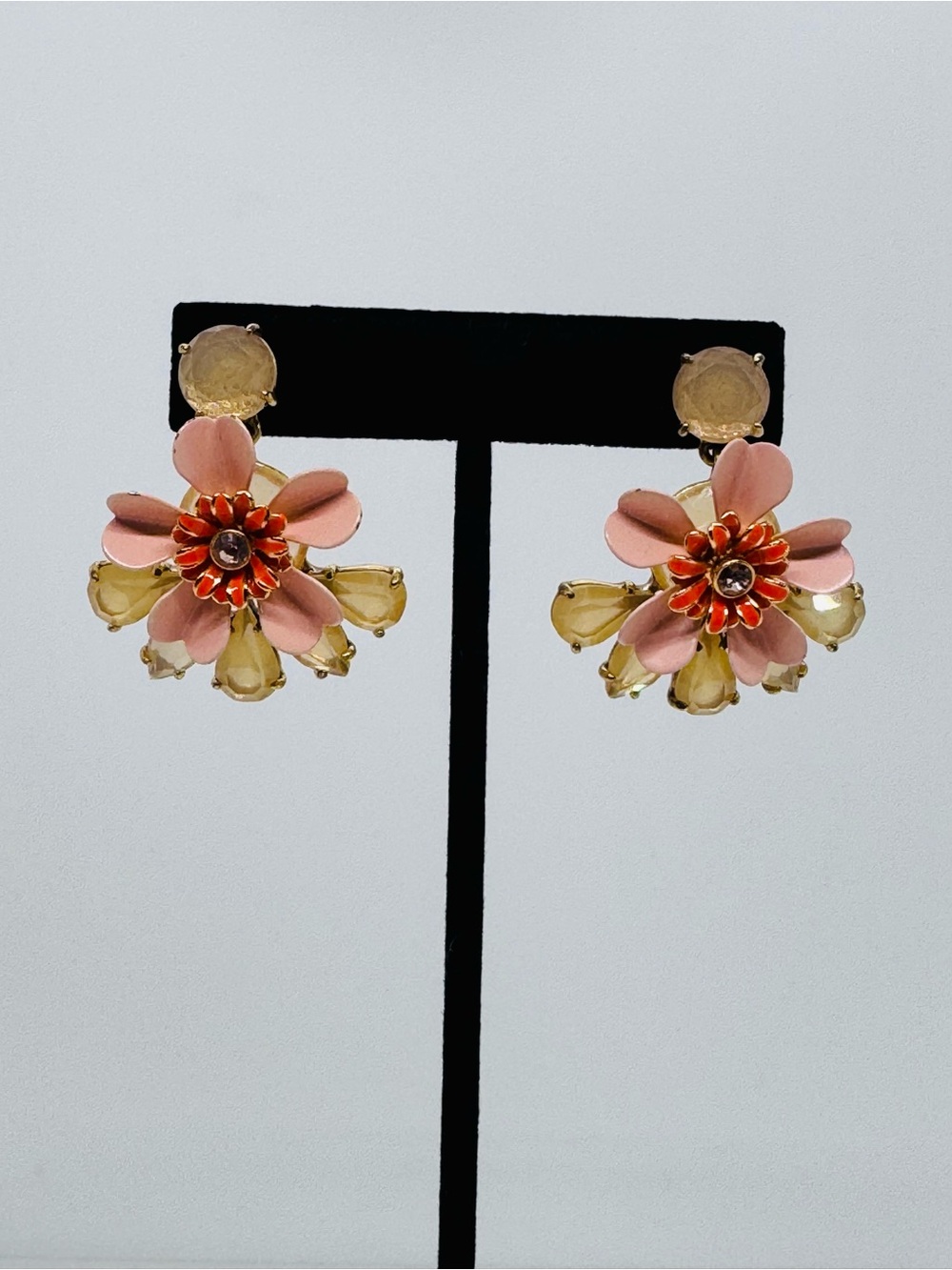 Vintage J.Crew Pink Orange Enamel Floral Statement Stud Earrings Teardrop Resin